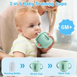 Palmatte Baby Toddler Cups with Straw: 200ml Perspective Silicone Training Cup with Lid Handle Marks for Infants 6 Months+, Open Sippy Cup Baby Led Weaning Supplies Baby Shower Gifts (Sage Green)
