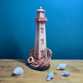 Handcrafted Wood-Effect Lighthouse: 22cm Height, Intricate Carving, Adorned with Whale Tail Design