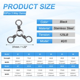 PATIKIL 3 Way Swivel Fishing Tackle #2/0 125LB, 50Pcs Stainless Steel Cross Line Swivels Triple Trolling Lure Connector Three Way Fishing Rigs for Saltwater Freshwater Catfish Tackle