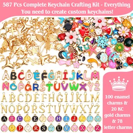Kanmeii 587Pcs Lip Gloss Keychain Making Kit, DIY Craft Bag Charm Kit with Charms Chains Key Chain Hooks Jump Rings Lobster Claw Clasps Gift Bags & Tools, Jewelry Making Supplies for Valentines Gifts