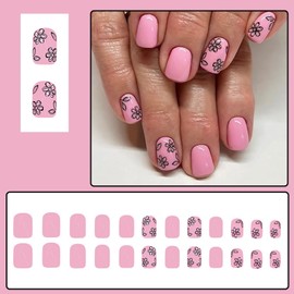 Press On Nails Short Square Fake Nails Flower Stick On Nails Pink Glue On Nails Glossy Shiny Artificial Nails Full Cover Acrylic Nail Kit For Women Girl 24pcs