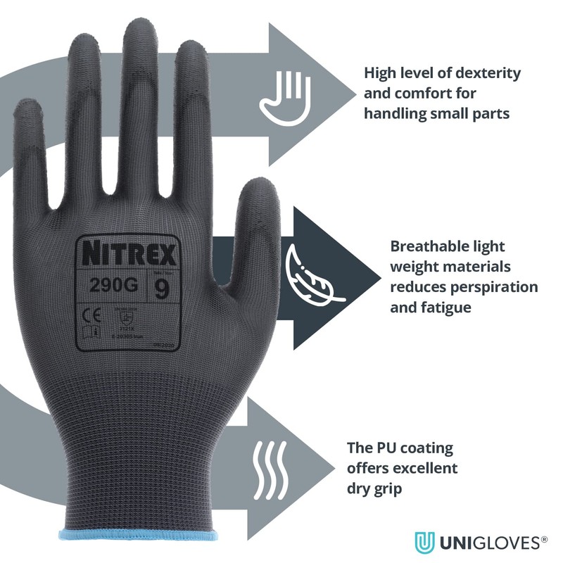 NITREX 290G Work and Safety Gloves, 10 Pairs of Black