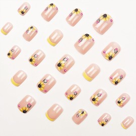 Flower Press on Nails Short Square Fake Nails Pink False Nails Floral Leaf Glossy Full Cover Acrylic Nails Blue Glue on Nails Artificial Cute Stick on Nails Summer Nails for Women Manicure 24Pcs