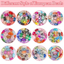 Cludoo Large Hole Glass Beads for Jewelry Making, 224PCS European Beads Bulk Mixed Color Spacer Beads with Rhinestones Lampwork Beads for DIY Craft Charms Bracelet Necklace Earring Making