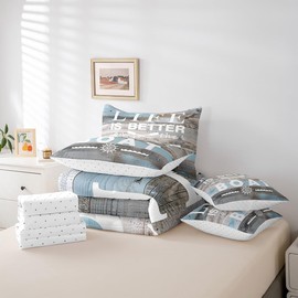 Erosebridal Lake House Comforter Set Queen Size 7 Piece,Paddle Boating Bedding Set with Sheet Set,Rustic Farmhouse Bed in A Bag Lake House Gifts for Men,Blue Grey Wooden Board Bed Set