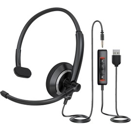 awatrue Wired Computer Headset with Microphone for PC Laptop - USB Headset Noise Cancelling,On Ear Office Call Center Boom Skype Webinars,Mute Control,Lightweight