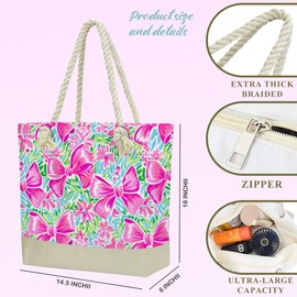 Beach Bags for Women, Beach Towel, Wet Bag Cosmetic Bag, Pool Waterproof Shoulder Tote Bags, Pocket Zipper Summer Travel Essentials, Gifts for Women Birthday - Pink Bow Flower (3-Piece Set)