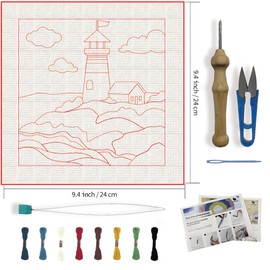 FREEBLOSS 9.4" x 9.4" Lighthouse Punch Needle Kits DIY Framed Punch Needle Craft Kit for Beginners with Complete Tools, Yarn, and Instructions