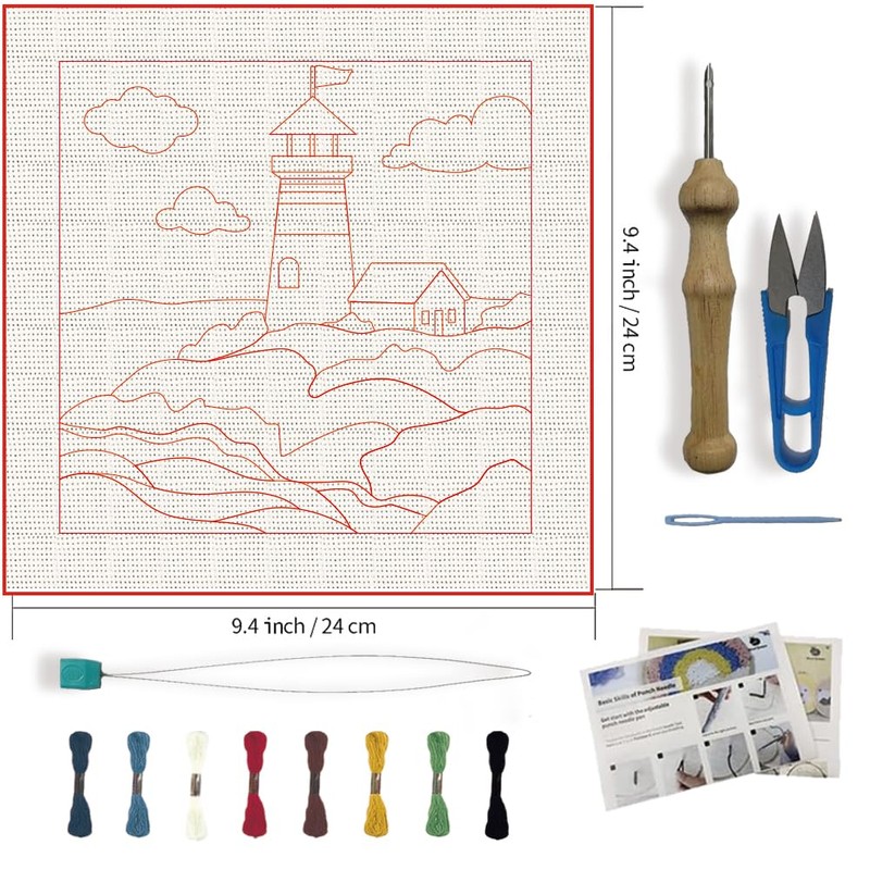FREEBLOSS 9.4" x 9.4" Lighthouse Punch Needle Kits DIY Framed