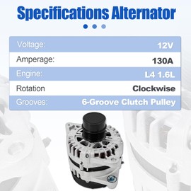 Alternator Replacement for Hyundai Accent L4 1.6L 2018-2019 Replacement for Kia Soul Rio Seltos L4 1.6L 2017-2021 130A 12V CW 6-Groove Clutch Pulley, 373002B970 2626125