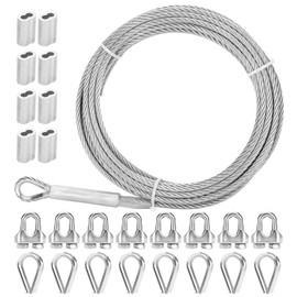 Thickened 3/16" 25ft Stainless Steel Cable with Wire Rope Clip, Thimble and Aluminum Crimping Loop Sleeve, 7X19 Strands Aircraft Cable, 3700lbs Breaking Strength for Deck Railing, String Lights