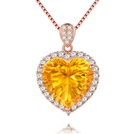 Uloveido Citrine Yellow Topaz Sterling Silver Love Heart Pendant Necklace for Women with Rose Gold Chain FN016, Sterling Silver Cubic Zirconia, Citrine