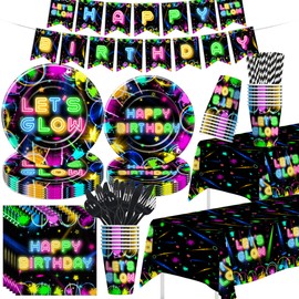 Owelleny Neon Glow Birthday Party Decorations, Glow In The Dark Party Supplies, Plate, Napkin, Cup, Tablecloth, Banner, Cutlery, Neon Graffiti Theme Birthday Table Decorations, Serves 24