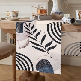 Cheekywares Tischläufer Abwaschbar Leinen Tischläufer Frühling Sommer Blätter Geometrisch Blume Pflanze Modern Küche Esstisch Dekor für Drinnen und Draußen Urlaub Party Wohnzimmer Grau 40x140 cm