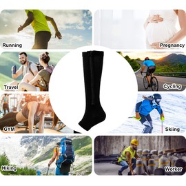 HYCOPROT Zip Compression Socks for Men and Women, 2 Pairs, Open Toe, 15-20 mmHg Compression for Varices, Running, Pregnancy, Travel, Black and black, S - M