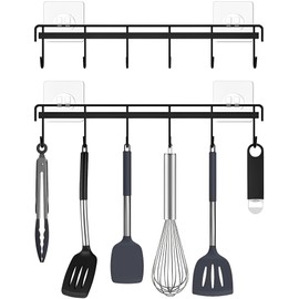 Soporte de pared para rieles de utensilios, 2 unidades, soporte para utensilios de cocina de ahorro de espacio, autoadhesivo, sin perforaciones, accesorio montado en la pared con ganchos para cocina, baño, recámara, almacenamiento (negro)