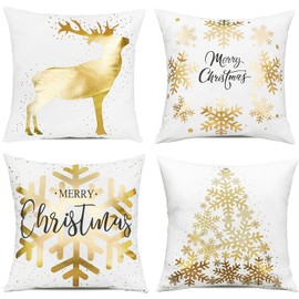 ONWAY Juego de 4 fundas de cojín decorativas de Navidad de 18 x 18 pulgadas, diseño de copos de nieve, renos, decoración dorada de Navidad para sofá, recámara, Gold2