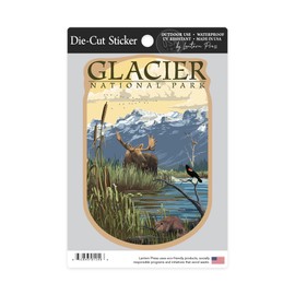 Die Cut Sticker Glacier National Park, Montana, Mountain and Marsh Scene, Contour Vinyl Sticker 3 to 6 inches, (Waterproof Decal for Cars, Water Bottles, Laptops, Coolers), Large
