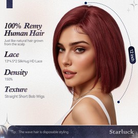 starluck SilkHug HD Lace Front Wigs Human Hair Glueless Pre-plucked Pre-cut Bob Real Human Hair Burgundy-99J Wigs for Women Side Part 12" Lenght Straight Wig 150% Density 13"×4"×2.5"