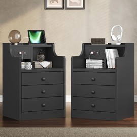 Tiptiper Nightstand Set 2, Black NightStand with Hutch and Charging Station, Night Stands with 3 Drawers for Bedrooms Set of 2, Modern Bedside Table End Side Table