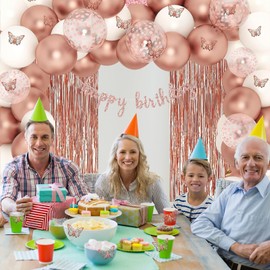 Chris.W 60 Pcs Butterfly Birthday Decorations, Rose Gold Party Decorations, Happy Birthday Banner, Tassel Curtain, Party Balloons, 3D Butterflies, Table Runner for 30th 40th 50th 60th 100th Birthday