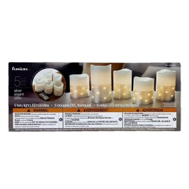 Fusion Flameless LED Candles with Silver Fairy Lights 5Pk Real Wax Battery Power