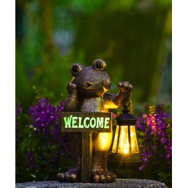 Solar Garden Frog Ornaments Stand with Welcome Sign - Outdoor Decoration for Patio, Balcony, Yard, Lawn - Unique Housewarming Gift for Grandma and Grandpa Garden Mum Copper