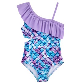 Alakuoti Girls One Piece Swimsuits Mermaid Swimsuit Girls One Shoulder Ruffle Bathing Suits Size 10-12 Summer Quick Dry Beach Swimwear Purple Mermaid 11-12 Years