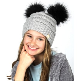 MIRMARU Kids Boys & Girls Winter Soft Warm Knitted Beanie Hat with Faux Fur Pom Pom for Ages 7-12 (Double Pom - Grey)