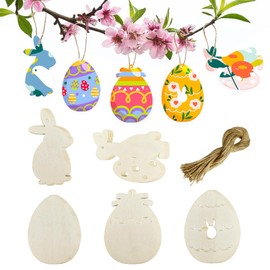 AOCEAN 100 Pcs Easter Decoration Bunny Egg Craft Kit - DIY Wooden Easter Cutouts and Hanging Ornaments with Twine - Unfinished Wood Crafts Decorations and Party Supplies