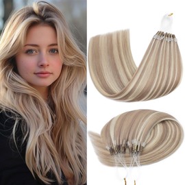 S-noilite U Tip Hair Extensions Human Hair Upgraded Micro Ring K Tip Hair Extensions Real Human Hair Pre Bonded Keratin Hair Extensions 50g/50 Stands 14 Inch Ash Blonde Highlighted Bleach Blonde
