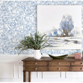 Safiyya 118'' × 17.3'' Peel and Stick Wallpaper Blue and White Contact Paper Floral Rose Wallpaper Boho Removable Wall Paper for Bedroom Vinyl Rolls