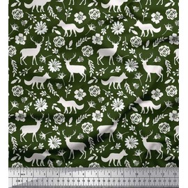 Soimoi Green Velvet Fabric Silhouette Deer & Fox Floral Fabric Prints by metre 58 Inch Wide