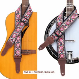 Nefelibata Banjo Strap 2" Wide Full Grain Leather Jacquard Embroidered Adjustable Replacement Guitar Strap, Pink Floral Embroidery
