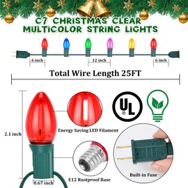 A-OKHOSE C7 Christmas String Lights - 25FT Outdoor Vintage Christmas Lights with 27 Clear Multicolor LED Bulbs - Hanging Christmas Decoration Lights for House Garden Patio Party (Green)