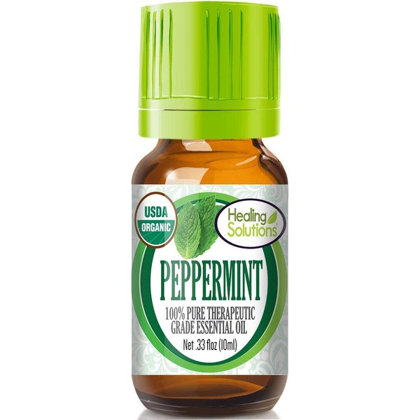 Organic Peppermint Essential Oil (100% Pure - USDA Certified Organic) Best Therapeutic Grade Essential Peppermint Oils for Diffuser from Healing Solutions, use to repel mice, hair growth & more - 10ml