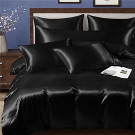 MILVOWOC 6 Pcs Black Satin Duvet Cover Full/Queen Size Set, Silky Bed Duvet Cover Ultra Soft Comforter Cover, 1 Satin Duvet Cover, 1 Body Pillowcase, 4 Pillow Cases (No Comforter)