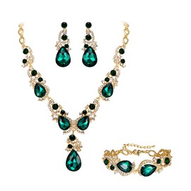 BriLove Bridal Jewellery Set for Wedding Women Multi Teardrop Cluster Crystal Statement Necklace Dangle Earrings Link Bracelet Emerald Color Gold-Tone