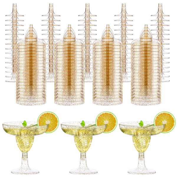 Zopeal 100 Pcs Plastic Martini Glasses 5 oz Disposable Gold Glitter Cocktail Glasses Champagne Cups Stemmed Margarita Coupe Glasses for Wedding Bridal Shower Party