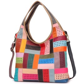 Segater Womens Multicoloured Handbag Genuine Leather Purses Colorful Hollow Stitching Shoulder Bag Vintage Tote Satchels