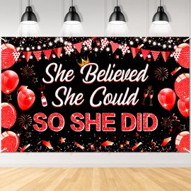 2026 Red Black Graduation Decoration Banner Red Black She Believed She Could So She Did Banner for Women Girls 2026 Class of High School College Graduation 72.8x43.3 inch