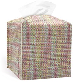 Tissue Box Cover, PU Leather Tissue Box Holder with Bottom Belt, Modern Square Tissue Box Covers with Wide Opening (Light Mix Color, Woven Patterns)