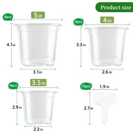 SupKing Clear Nursery Pots 5/4/3.5 Inch Plastic Seed Starter Plant Flower Pot with Drainage Holes for Transplanting Succulents Cuttings Seedlings15 Labels (12Pcs)
