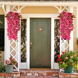 2 PCS 50 Inch Silk Bougainvillea Artificial Flowers, Faux Triangle Plum Flowers，Fake Bougainvillea Vine, Using for Wedding Porch Home Centerpieces Party Garden Indoor Outdoor Spring Decor (Rose Red)