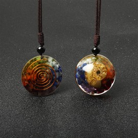 7 Chakra Crystal Necklace Natural Quartz Resin Ammonite Fossil Energy Stone Spiral Pendant with Adjustable Rope Shield Spiritual Healing Jewelry Gift for Women Men