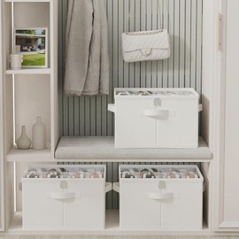 GUOHNHE Shoe Storage Bins, 2 Pack Closet Organizers System with Clear Cover and Reinforced Handles, Fits 16-32 Pairs, Foldable Clothes Basket, 21 x 16.5 x 13 In, White & Ivory, XSNX01WL-2