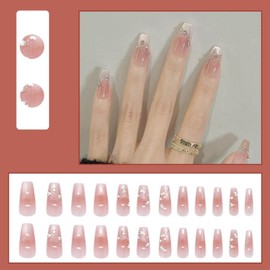 Gifiky 24Pcs French Cute Tip Press on Nails - Long Coffin False Nails with Acrylic Galaxy Glitter Design, Gradient Nude Fake Nails for Women,Reusable Glue on Nails Full Cover Tips