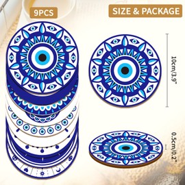 BENECREAT 9Pcs Evil Eye Wood Coasters, Butterfly Mandala Flower Wood Drink Coaster Coffee Cup Mat for Kitchen Table Bar Cup Home Dining Decor, 4" Diameter, 5mm Thick