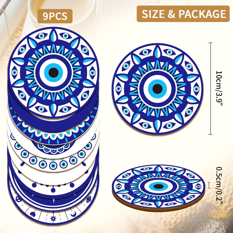 BENECREAT 9Pcs Evil Eye Wood Coasters, Butterfly Mandala Flower Wood
