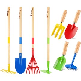 Motionchic 8 Pcs Beach Toys for Kids Gardening Tools, Long Shovel, Rake for Leaves, Spade, Hoe, Steel Heads and Real Wood Handle, Sand Toys Set for Children Toddlers Gifts